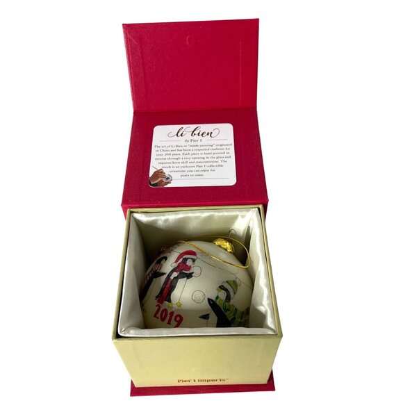 Pier 1 Li Bien 2019 Hand-Painted Glass Ornament with Penguins Snowball Play - Picture 7 of 8